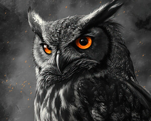 Dark Owl with Glowing Orange Eyes Mystical Wildlife Illustration