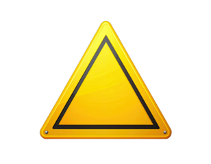 A brightly colored yellow warning sign in the shape of a triangle on a black background