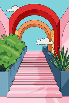 Pink Staircase with Open Arches Leading to Open Sky with Clouds and Plants Surreal Geometric Abstract Landscape
