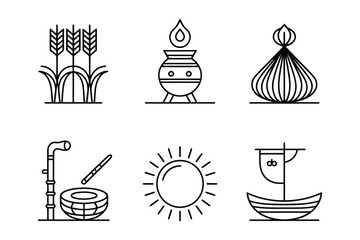 Indian harvest festival and Pongal celebration line art icons