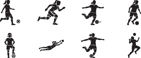 A collection of black silhouette icons depicting various actions of female soccer players with a ball