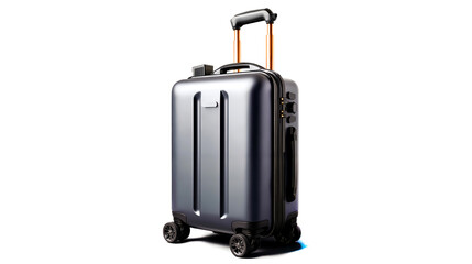 A modern black suitcase with orange handles and wheels standing upright against a white background