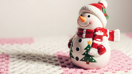 Fototapeta premium A ceramic snowman figurine with christmas tree and santa decorations