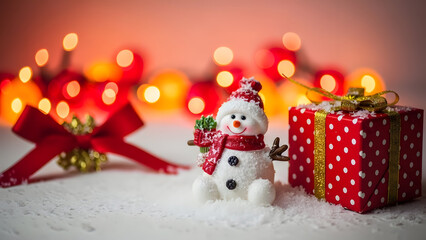 Snowman and christmas presents with festive lights