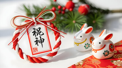 Chinese new year decoration with rabbits and pine branch