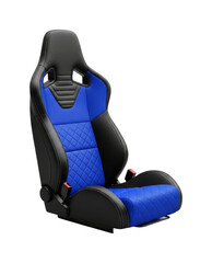 Naklejka premium Modern racing car seat with vibrant blue and black upholstery, featuring a quilted pattern and ergonomic design for high-performance vehicles.