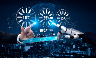An AI system update and machine learning model training. A progress bar and loading icons showing the AI update percentage and status. Motif
