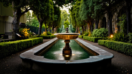 A serene garden scene featuring a fountain at the end of a pathway surrounded by lush greenery and illuminated by soft lighting