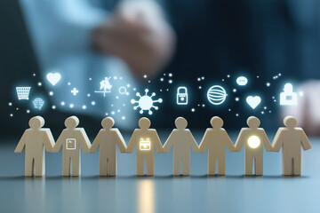 Wooden cutout figures display diverse lifestyle icons representing modern community connections.
