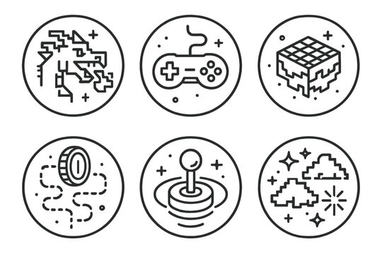Pixel Realm Icons. Line style circular vector icons of pixel realm: 8-bit dragon flame, neon console controller, floating cube