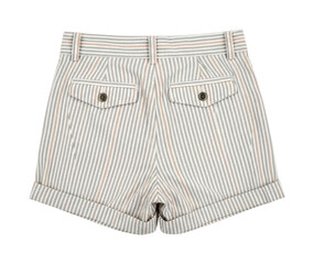 Women's striped shorts with cuffed hems and back pockets are presented from the rear, highlighting their unique texture and elegant details.