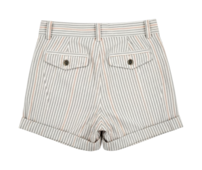Women's striped shorts with cuffed hems and back pockets are presented from the rear, highlighting their unique texture and elegant details.