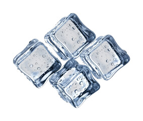 Four clear ice cubes with glistening water droplets present a refreshing and cool composition, perfect for beverages and chilling concepts.