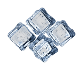 Four clear ice cubes with glistening water droplets present a refreshing and cool composition, perfect for beverages and chilling concepts.