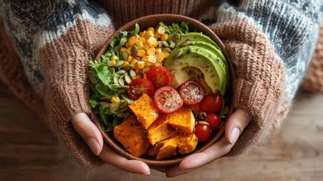 A person holds a bowl filled with salad that includes lettuce corn cherry tomatoes avocado and sweet potato. The person wears a knitted sweater and is indoors. - Powered by Adobe
