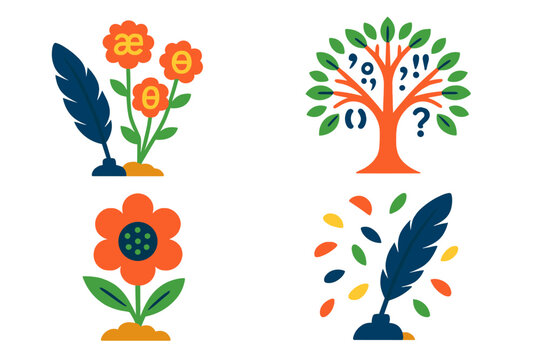 Linguistic Botany Icons. Isometric vector illustration set Linguistic Botany: phoneme buds blooming from quills, grammar trees