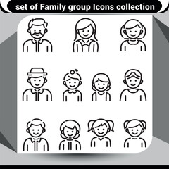 A diverse collection of outline family and people icons representing various age groups and genders