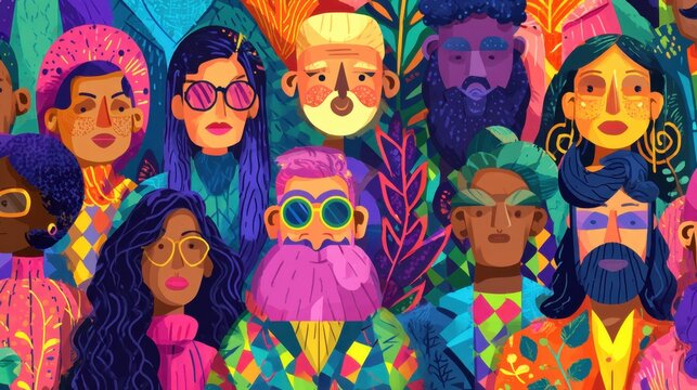 A variety of people stand together each wearing unique outfits with bright colors. The scene captures a lively spirit with detailed patterns. Nature elements fill the background.
