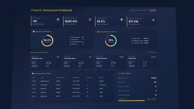 Close-up property management dashboard: animated tenant payment tracking with detailed lease analytics
