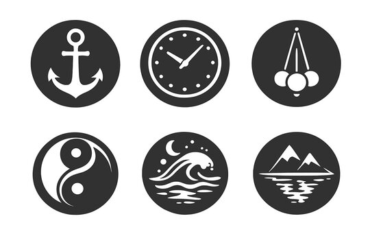 Stability Icons Collection. Solid style round vector icons of patience and stability: anchor, clock face, pendulum, balance ring,