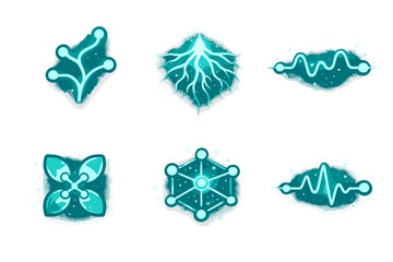 Obraz premium Natural Data Flow Icons. Solid style icons of natural data flow: branching line, glowing root, wave circuit, connected petals,