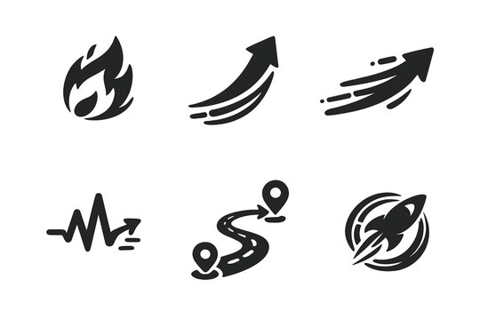 Momentum Icons. Solid style icons of steady momentum: flamepoint, arrow curve, motion line, pulse wave, path marker, speed ring No