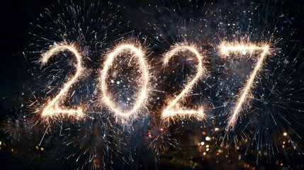 Felicitaci&oacute;n de a&ntilde;o nuevo de 2027, texto dibujado con bengalas y fuegos artificiales