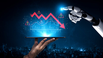 AI visualizes economic caution with smart graphs, alert icons, and data trend analysis, helping...