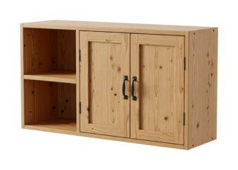Light brown wooden storage cabinet with open shelves and closed doors featuring dark metal handles, showcasing natural wood grain and knots.