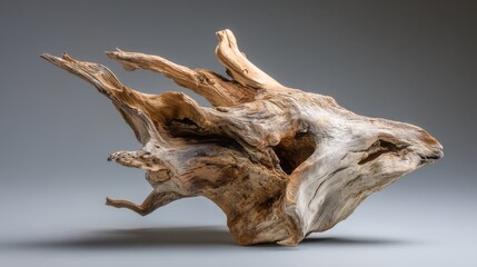 Fototapeta premium A piece of wood with unique shapes and textures is placed on a plain background. The wood shows natural colors and details highlighting its organic beauty and design.