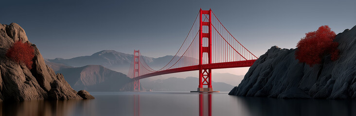 Obraz premium Red suspension bridge over bay at sunset panoramic landscape travel landmark and engineering architecture background