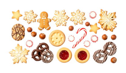 Christmas cookies and candies, along with nuts, are beautifully arranged in a delightful assortment, perfect for a festive holiday celebration.