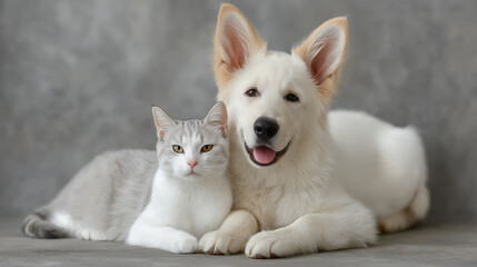 Naklejka na ściany i meble White shepherd dog and gray cat lying together on floor friendship between pets at home animal companionship