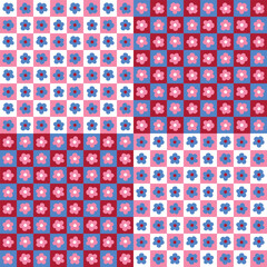 Pink retro check board with florals seamless repeat pattern. Random placed, vector botany on a grid aop, all over surface print.