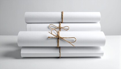 Row of Rolled White Paper Scrolls or Diplomas Tied with Rustic Twine Bow on a Clean Minimalist Background