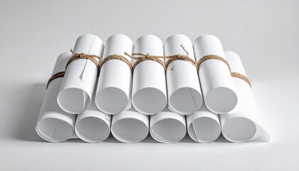 Row of Rolled White Paper Scrolls or Diplomas Tied with Rustic Twine Bow on a Clean Minimalist Background