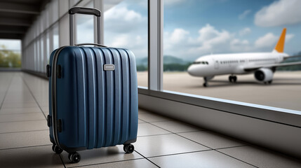 Blue hard shell suitcase standing in airport terminal with airplane on runway travel luggage and vacation journey