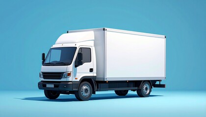 Clean White Delivery Truck with Blank Cargo Box for Branding Isolated on a Bright Blue Gradient Background