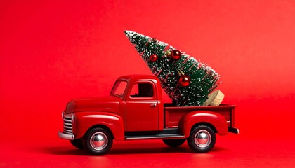 Vintage Red Toy Pickup Truck Carrying a Small Decorated Christmas Tree with Red Ornaments Isolated on a Vibrant Red Background