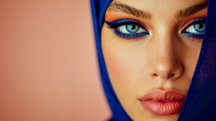 A close-up of a woman's face with vibrant blue eyes pink lips and a blue headscarf
