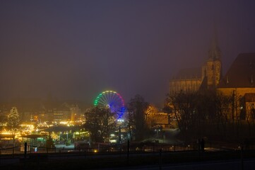Christmas market at Erfurt at a foggy evening