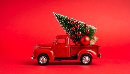 Vintage Red Toy Pickup Truck Carrying a Small Decorated Christmas Tree with Red Ornaments Isolated on a Vibrant Red Background