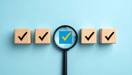 Magnifying Glass Highlighting a Blue Cube with a Yellow Check Mark Among Natural Wooden Blocks on a Light Blue Background
