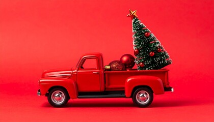 Vintage Red Toy Pickup Truck Carrying a Small Decorated Christmas Tree with Red Ornaments Isolated on a Vibrant Red Background