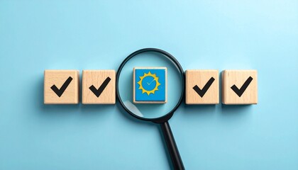 Magnifying Glass Highlighting a Blue Cube with a Yellow Check Mark Among Natural Wooden Blocks on a Light Blue Background