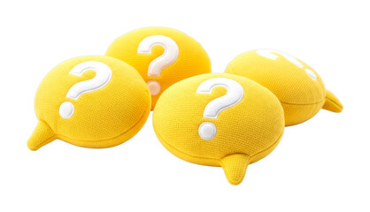 Four yellow question mark speech bubbles with soft texture are grouped together, symbolizing inquiry, confusion, and frequently asked questions.