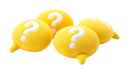 Four yellow question mark speech bubbles with soft texture are grouped together, symbolizing inquiry, confusion, and frequently asked questions.