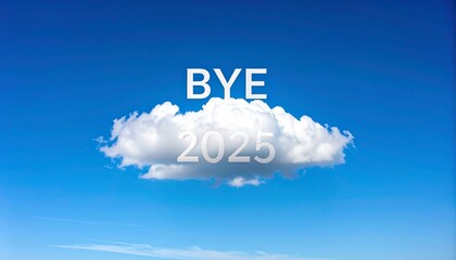 "BYE 2025" Text in White Over a Single Fluffy White Cloud Isolated Against a Clear Blue Sky