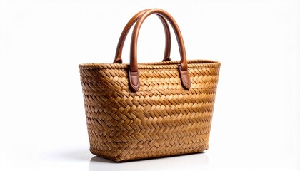 Handcrafted Woven Wicker Tote Bag with Braided Handles Isolated on a Clean Reflective White Background