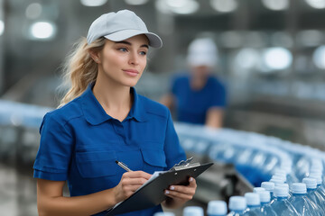 Female worker with clipboard checking plastic bottles on conveyor in beverage factory quality control and production industry